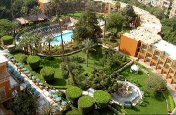 Wide aerial view of Cairo Marriott gardens