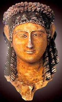 A Roman era funerary mask of a woman in the museum